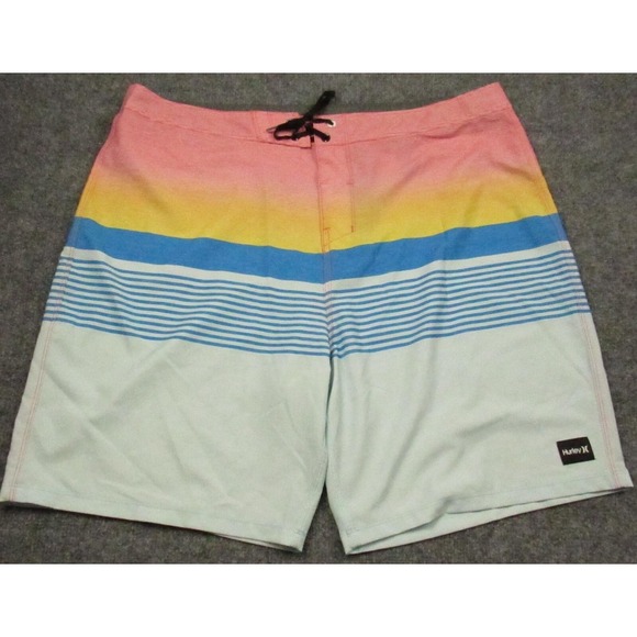 Hurley Shorts Men 38x8 Pink Yellow Blue Striped Beach Surf Board Shorts Skate - Picture 1 of 14